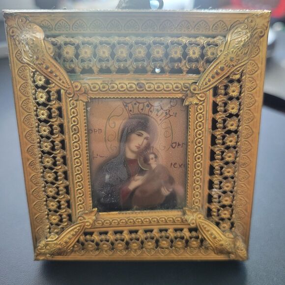 Reuge Music Box Vntg Ornate Gold Framed Madonna & Child Icon Religious FLAW - Picture 10 of 10